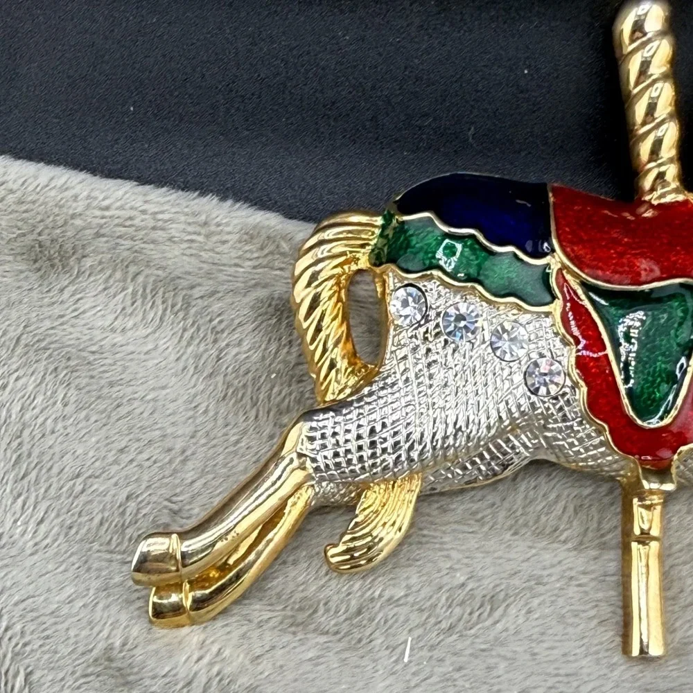 Vintage Estate Brooch Carousel Horse Gold Enamel Rhinestone Large 4in